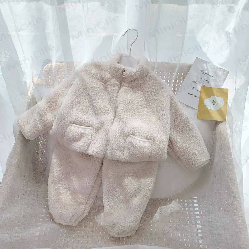 Toddler Solid Color Zip Jacket and Pants 2-piece Set - Beige - 10-11T - image 2