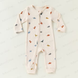 Baby Cartoon Print Ribbed Long Sleeve Zip Romper - image 1