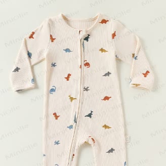 Baby Cartoon Print Ribbed Long Sleeve Zip Romper - image 2