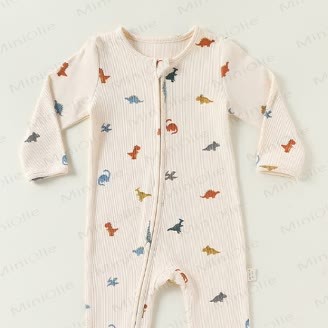 Baby Cartoon Print Ribbed Long Sleeve Zip Romper - image 2