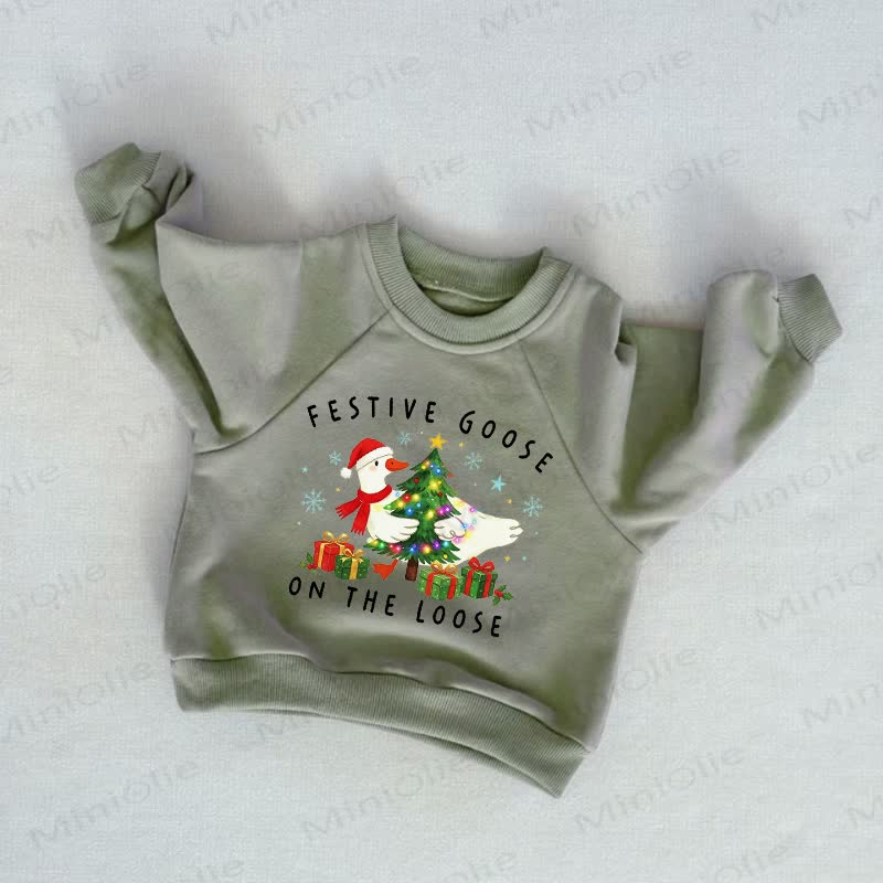 FESTIVE GOOSE ON THE LOOSE Baby Toddler Christmas Tree Grey Green Sweatshirt - Grey Green - 3-5T - image 1