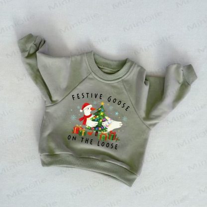 FESTIVE GOOSE ON THE LOOSE Baby Toddler Christmas Tree Grey Green Sweatshirt - Grey Green - 3-5T - image 1