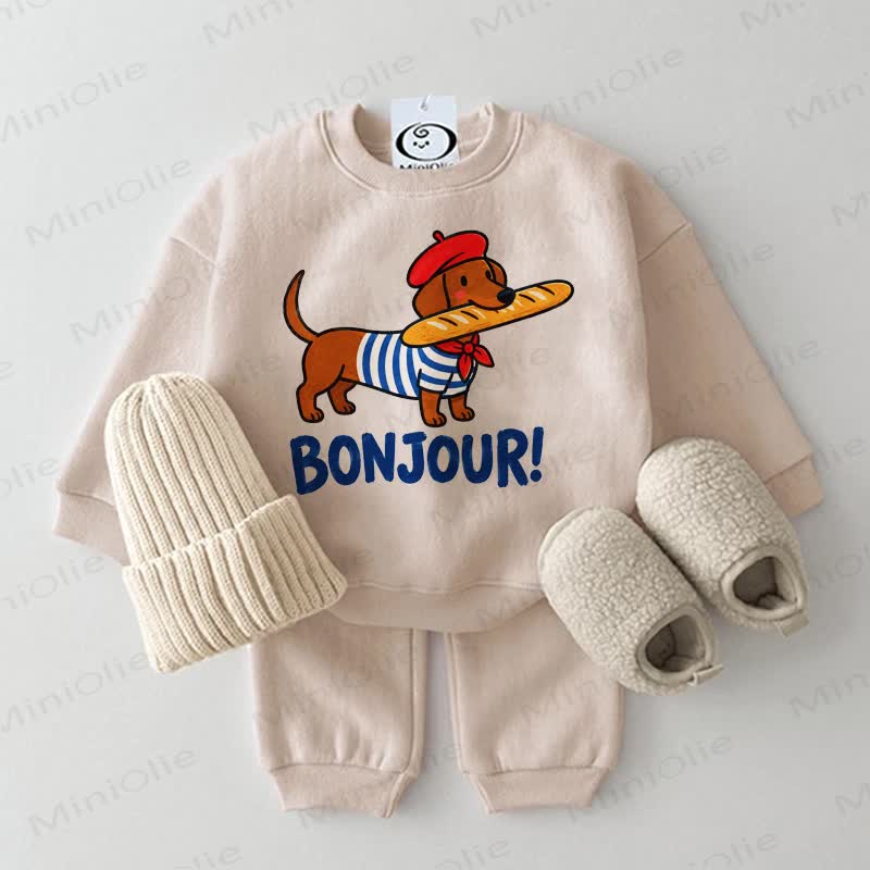 BONJOUR! Baby Daschund Print Sweatshirt 2-piece Set - Beige - 2-3T - image 2