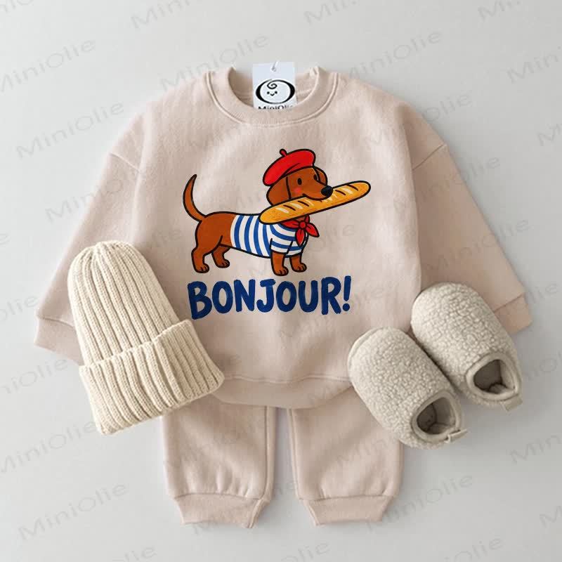 BONJOUR! Baby Daschund Print Sweatshirt 2-piece Set - Beige - 2-3T - image 2
