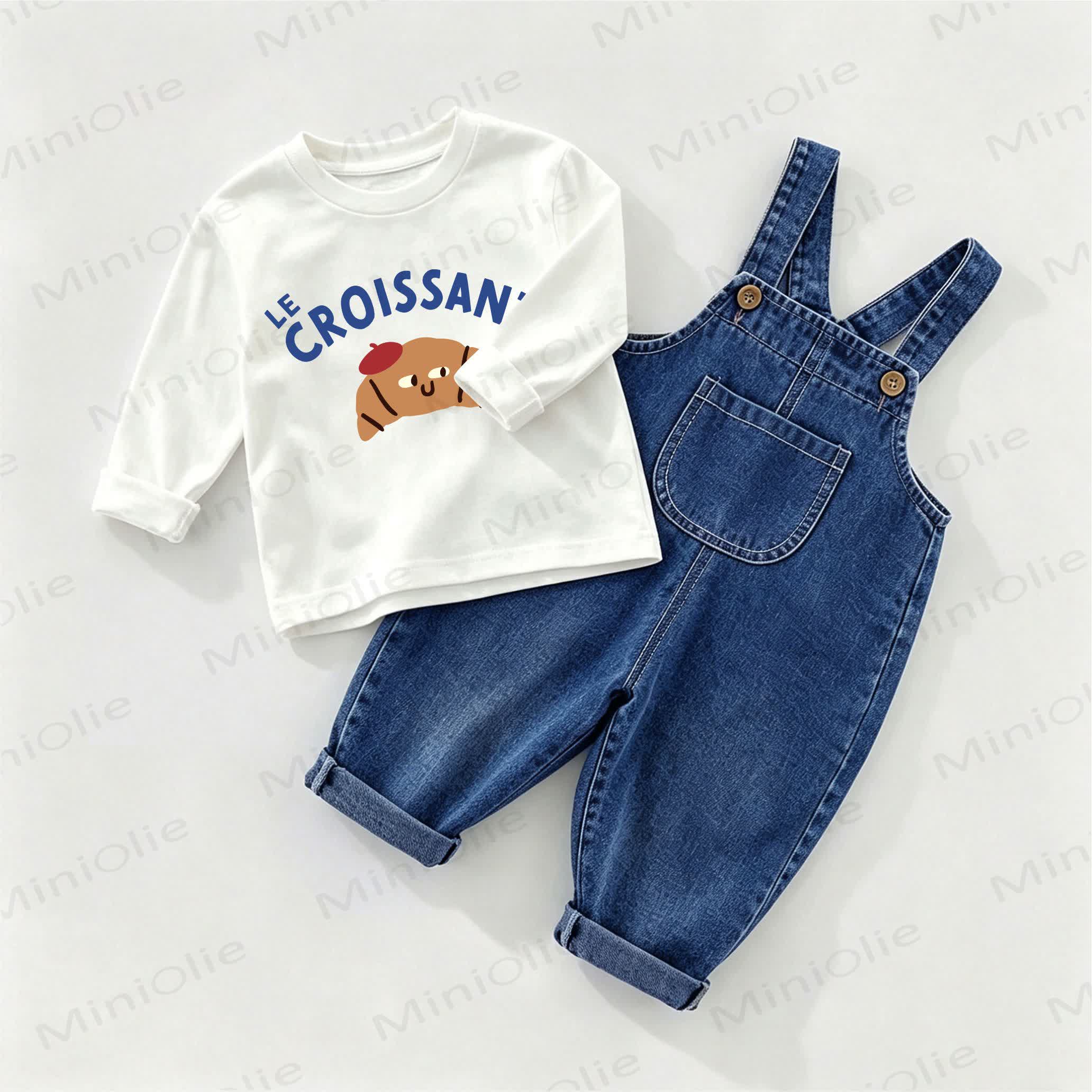 LE CROISSANT Baby Denim Overalls and Tee 2-piece Set - White&Blue - 2-3T - image 1