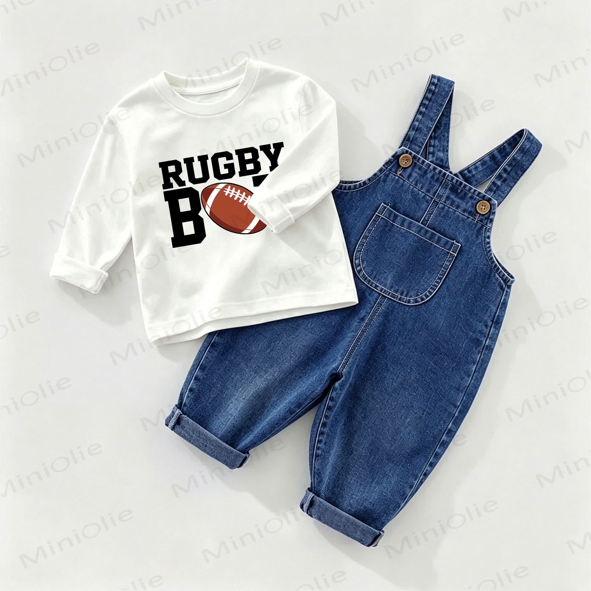 RUGBY BOY Baby Denim Overalls and Tee 2-piece Set - White&Blue - 2-3T - image 1