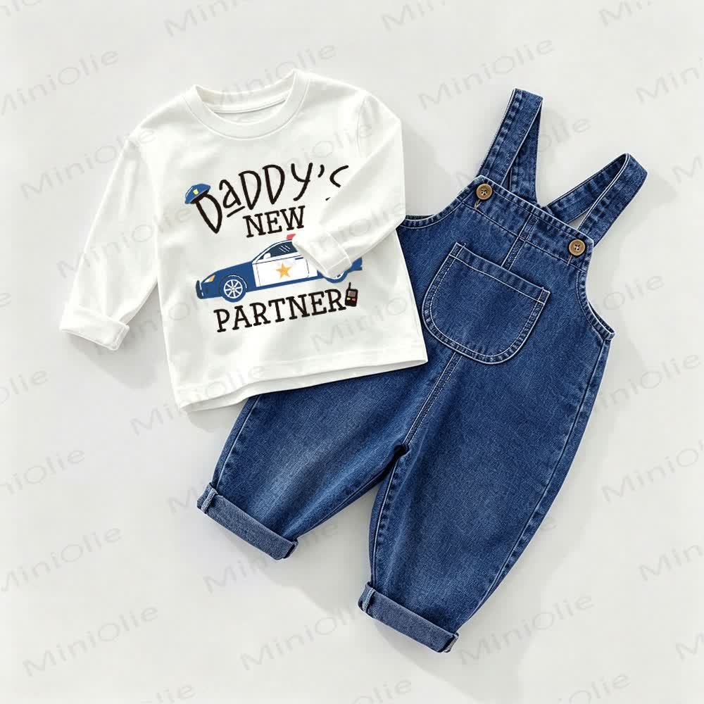 DADDY'S NEW PARTNER Baby Denim Overalls and Tee 2-piece Set - White&Blue - 2-3T - image 1