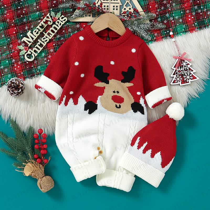 Baby Reindeer Jacquard Knit Christmas Romper - Red - 12-18M - image 1