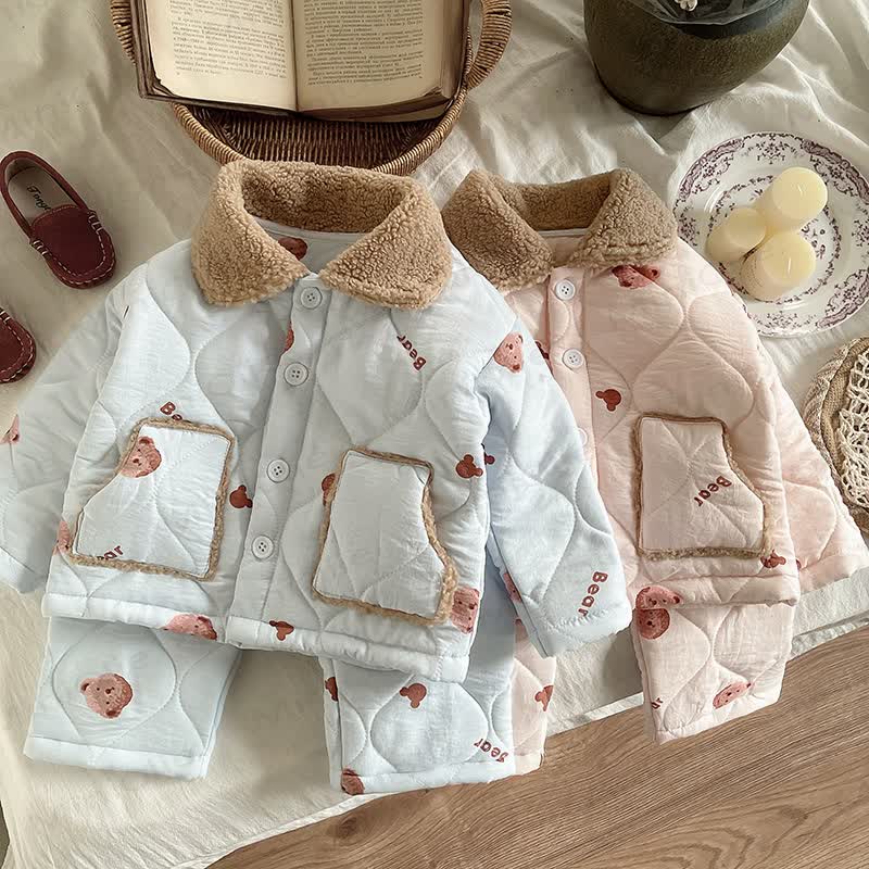 Toddler Baby Bear Quilted Fleece Collar Pyjama 2-piece Set - image 1
