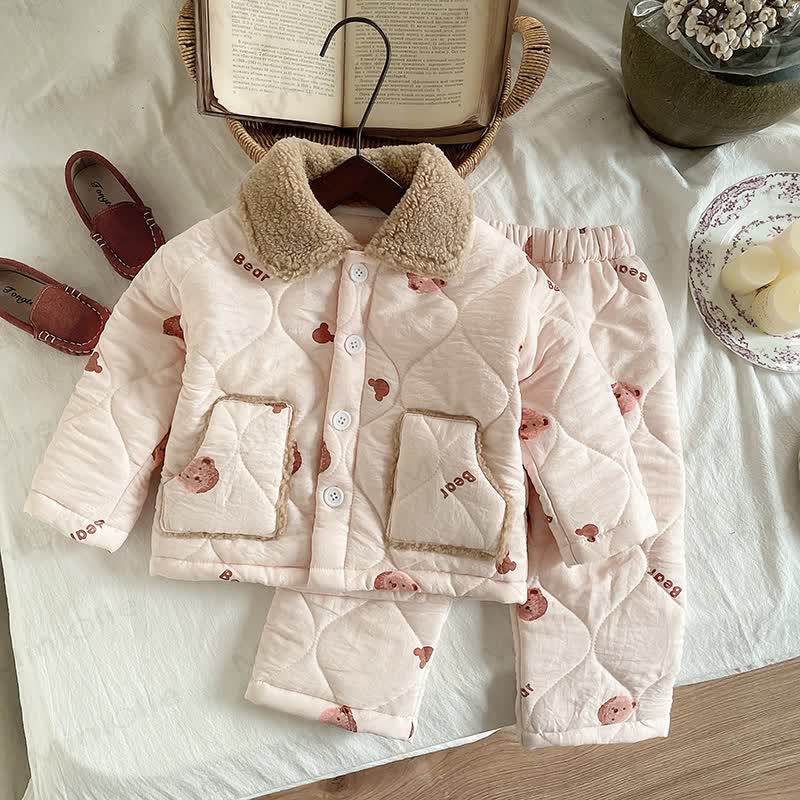 Toddler Baby Bear Quilted Fleece Collar Pyjama 2-piece Set - Pink - 4-5T - image 2