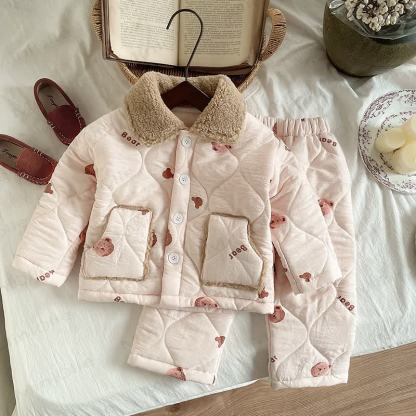 Toddler Baby Bear Quilted Fleece Collar Pyjama 2-piece Set - Pink - 4-5T - image 2