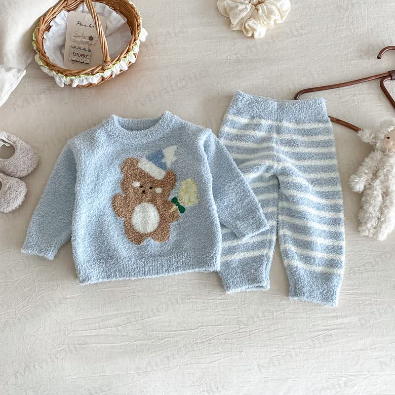 Baby Toddler Cartoon Print Plush Loungewear 2-piece Set - Blue Bear - 2-3T - image 4