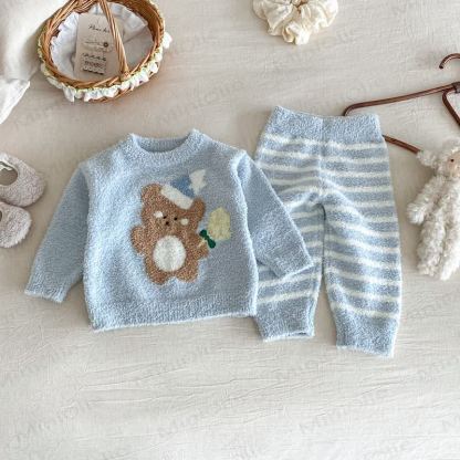 Baby Toddler Cartoon Print Plush Loungewear 2-piece Set - Blue Bear - 2-3T - image 4