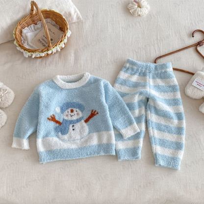 Baby Toddler Cartoon Print Plush Loungewear 2-piece Set - Blue Snowman - 2-3T - image 9