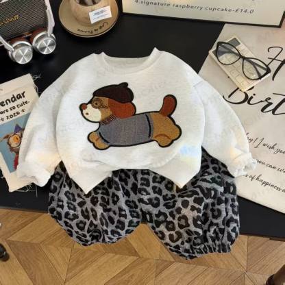 Toddler Puppy Applique Sweatshirt and Pants 2-piece Set - Gray Leopard Print - 10-11T - image 1