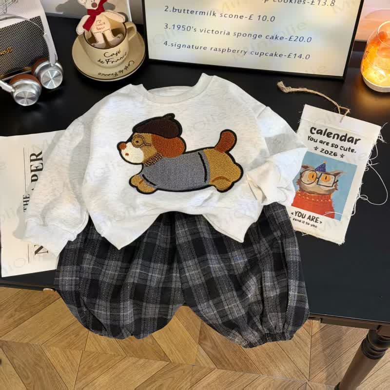 Toddler Puppy Applique Sweatshirt and Pants 2-piece Set - Gray Plaid - 10-11T - image 2