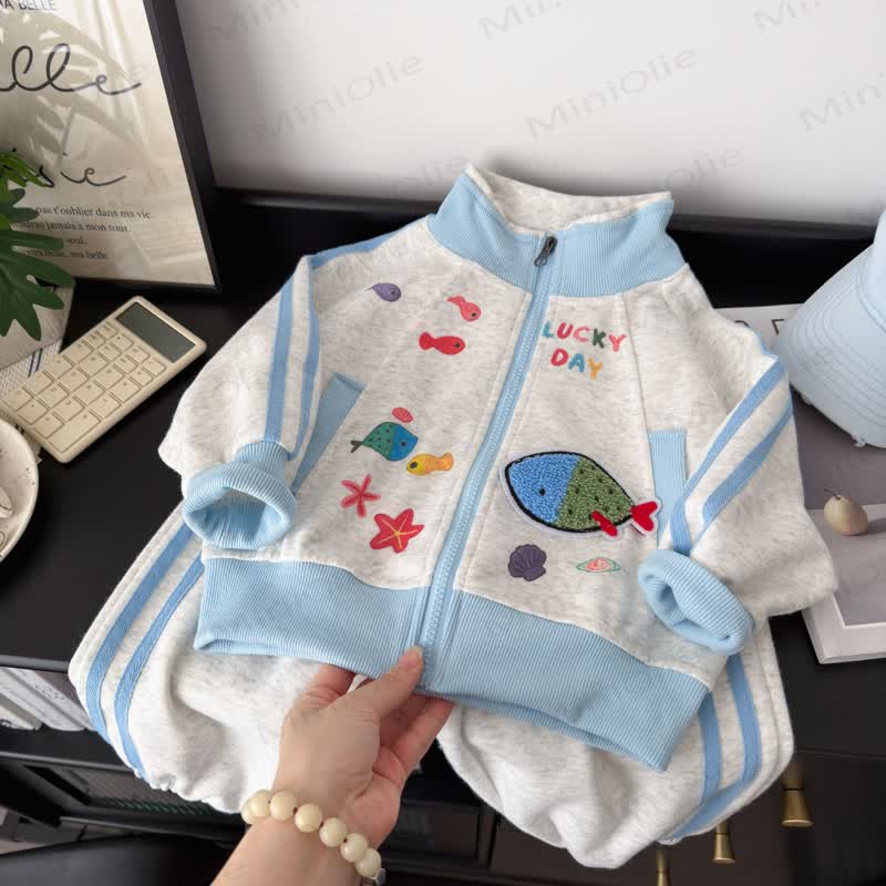 LUCKY DAY Toddler Ocean Embroidered Track Jacket and Pants Set - Gray - 10-11T - image 1