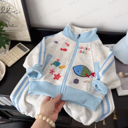 LUCKY DAY Toddler Ocean Embroidered Track Jacket and Pants Set - Gray - 10-11T - image 1