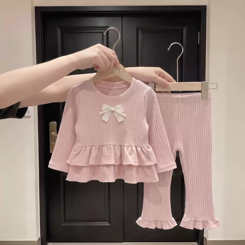 Baby Toddler Girl Ribbed Lace Bow Peplum 2-piece Set - Pink - 3-4T - image 1