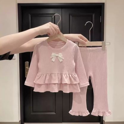 Baby Toddler Girl Ribbed Lace Bow Peplum 2-piece Set - Pink - 3-4T - image 1