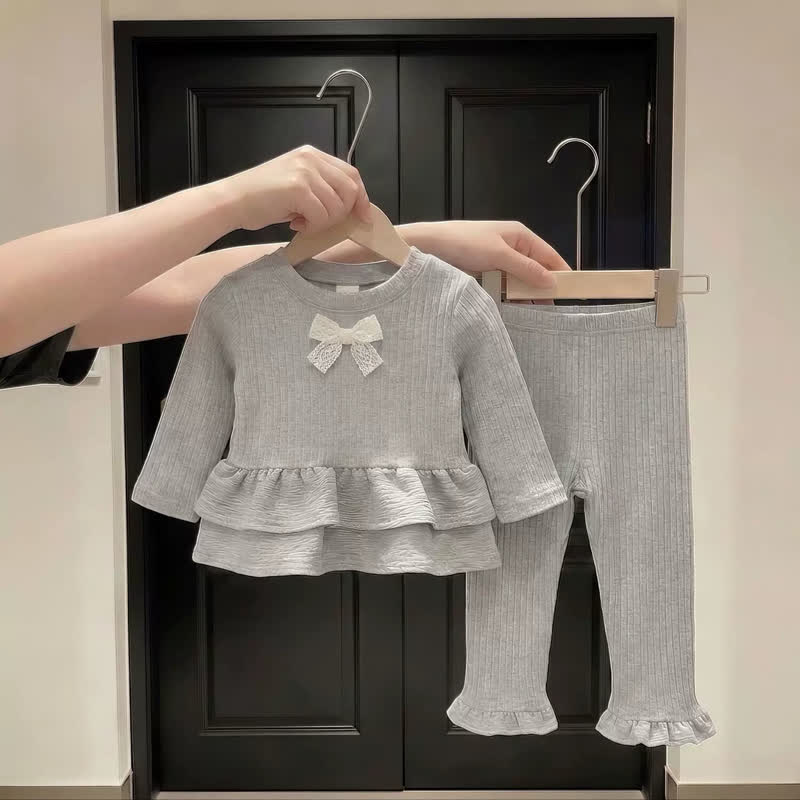 Baby Toddler Girl Ribbed Lace Bow Peplum 2-piece Set - Gray - 3-4T - image 2