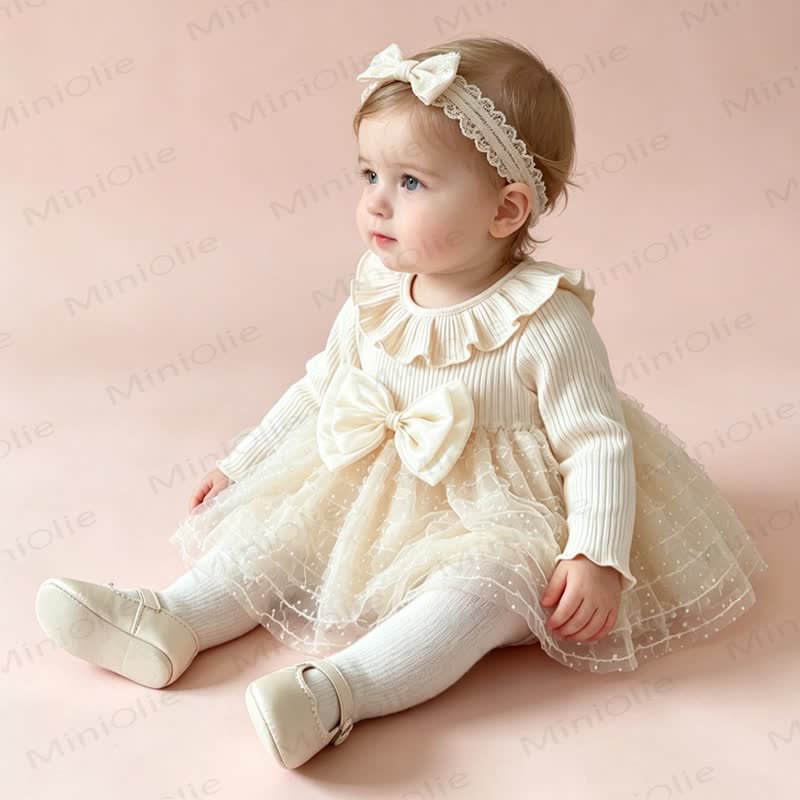 Baby Girls Beige Ruffle Collar Bow Tulle Dress - image 1