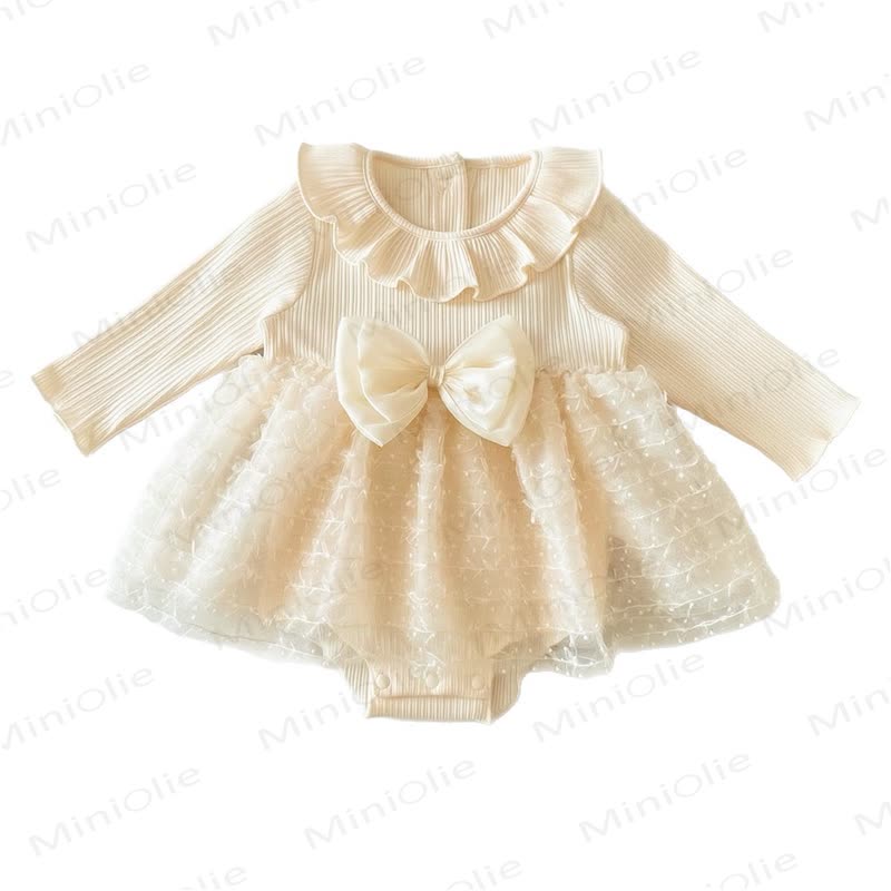 Baby Girls Beige Ruffle Collar Bow Tulle Dress - Beige - 12-24M - image 2