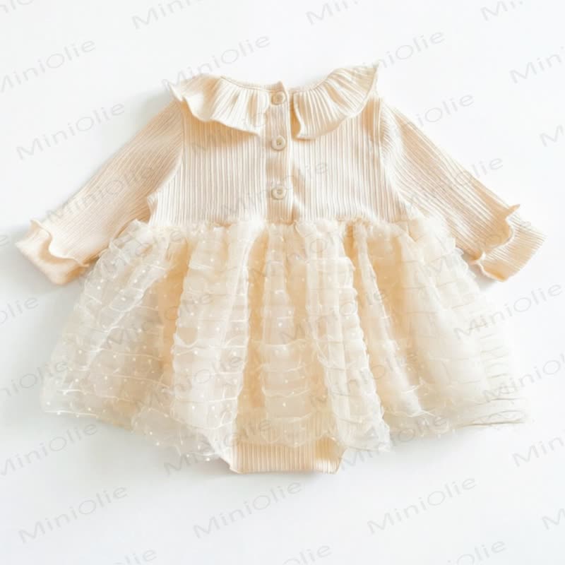 Baby Girls Beige Ruffle Collar Bow Tulle Dress - image 3