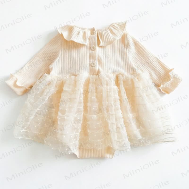 Baby Girls Beige Ruffle Collar Bow Tulle Dress - image 3