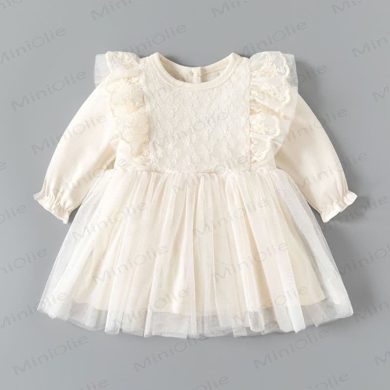 Baby Beige Lace Ruffle Tulle Long Sleeve Dress - Beige - 24-48M - image 1
