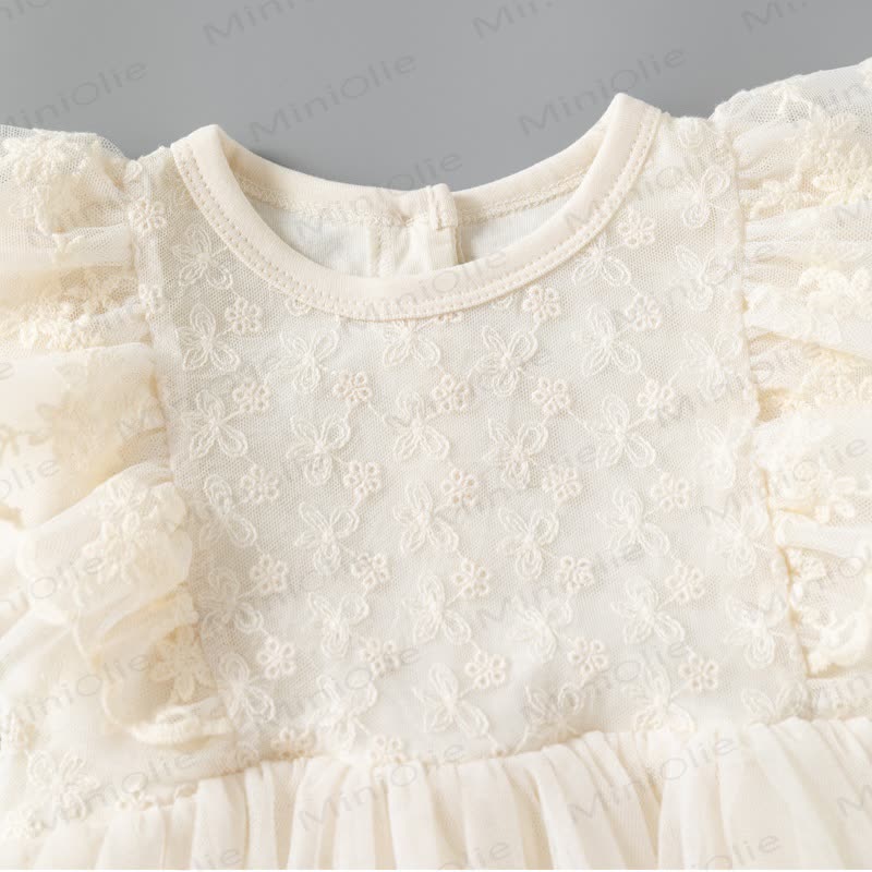 Baby Beige Lace Ruffle Tulle Long Sleeve Dress - image 2