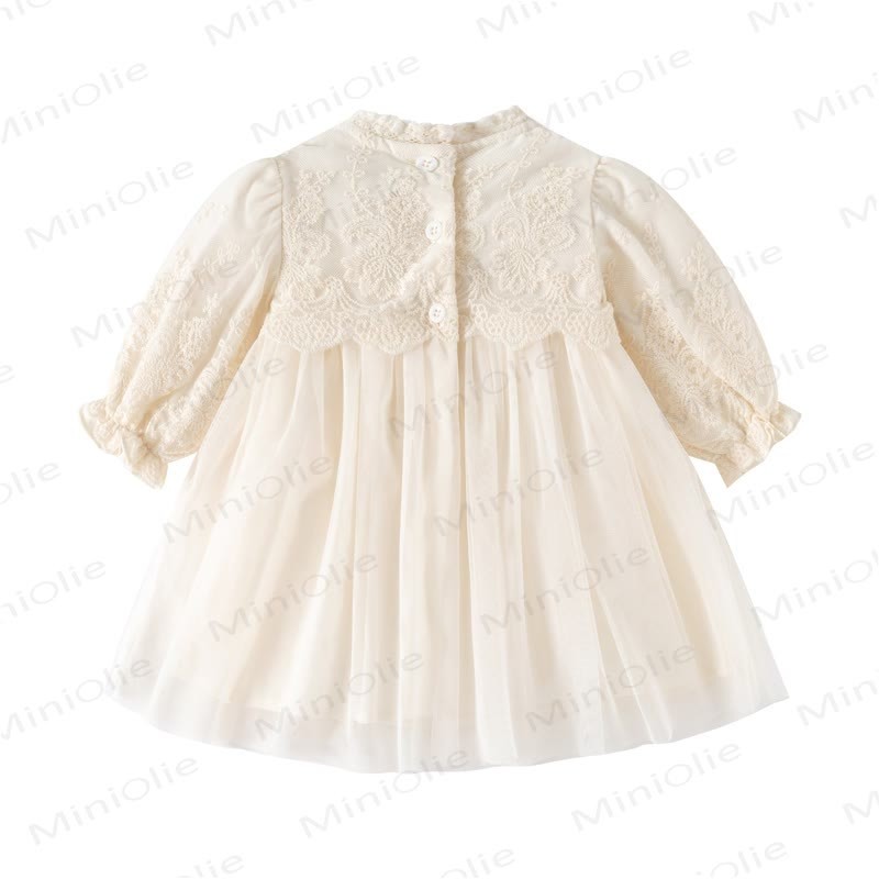 Baby Girl Beige Lace Puff Sleeve Tulle Dress - image 3