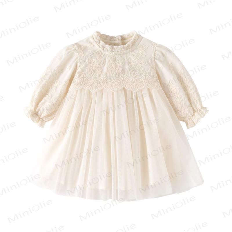 Baby Girl Beige Lace Puff Sleeve Tulle Dress - Beige - 24-36M - image 2