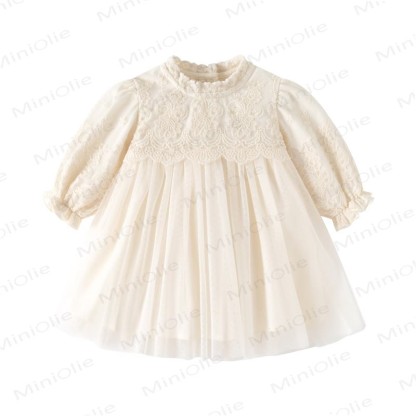 Baby Girl Beige Lace Puff Sleeve Tulle Dress - Beige - 24-36M - image 2