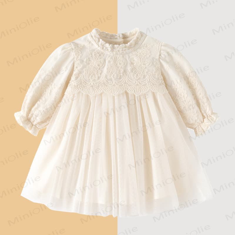 Baby Girl Beige Lace Puff Sleeve Tulle Dress - image 1