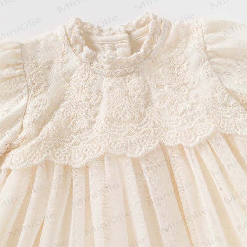 Baby Girl Beige Lace Puff Sleeve Tulle Dress - image 4