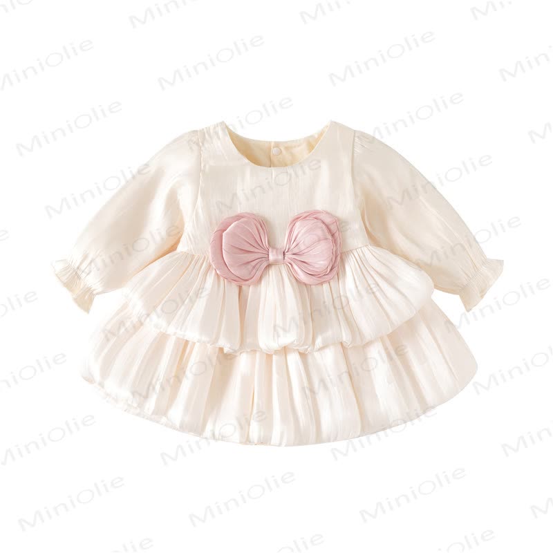 Baby Girls Bow Satin Long Sleeve Dress - Beige - 12-24M - image 2