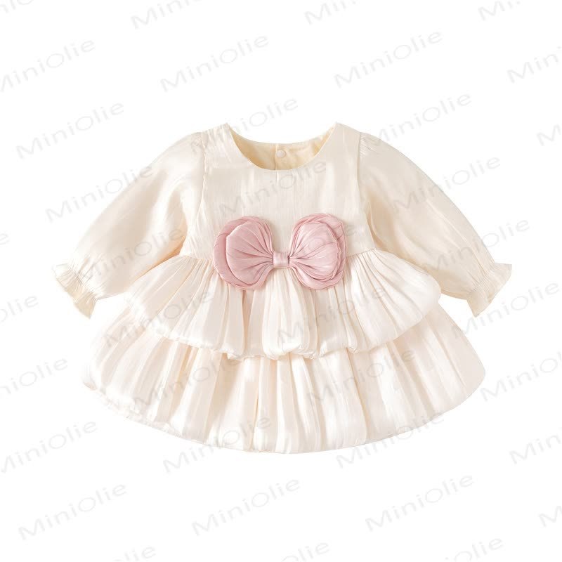 Baby Girls Bow Satin Long Sleeve Dress - Beige - 12-24M - image 2