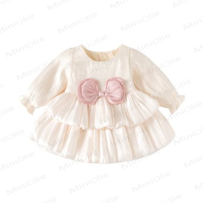 Baby Girls Bow Satin Long Sleeve Dress - Beige - 12-24M - image 2