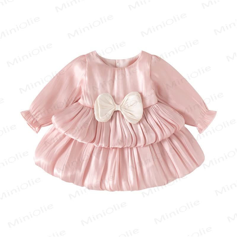 Baby Girls Bow Satin Long Sleeve Dress - Pink - 12-24M - image 3