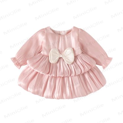 Baby Girls Bow Satin Long Sleeve Dress - Pink - 12-24M - image 3