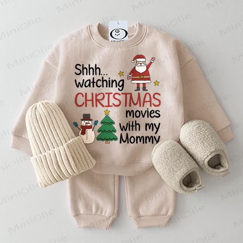 SHHH... WATCHING CHRISTMAS MOVIES WITH MY MOMMY Baby Christmas Beige Sweatshirt 2-piece Set - Beige - 2-3T - image 1