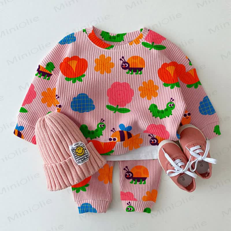 Baby Pink Insect and Flower Print Waffle 2-piece Set - Pink - 2-3T - image 1
