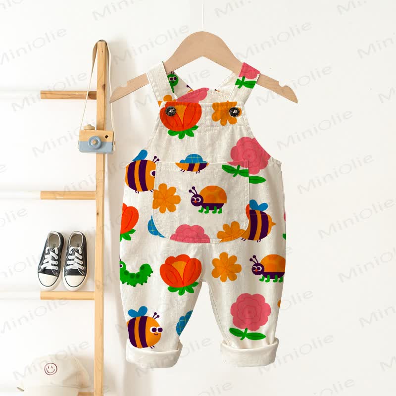 Baby Toddler Insect and Flower Print Pocket Overalls - Beige - 3-5T - image 1