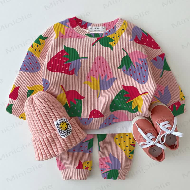 Baby Colorful Strawberry Print Waffle 2-piece Set - Pink - 2-3T - image 1