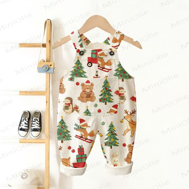 Baby Toddler Christmas Print Pocket Overalls - Beige - 3-5T - image 1