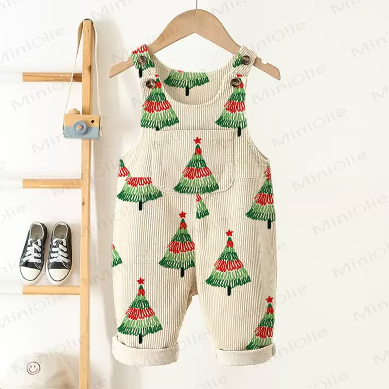 Baby Toddler Christmas Tree Print Beige Corduroy Pocket Overalls - Beige - 5-7T - image 1