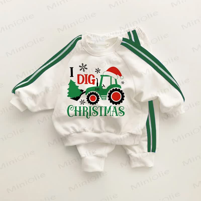 I DIG CHRISTMAS Baby Toddler Excavator Green Striped 2-piece Set - White&Green - 3-5T - image 1