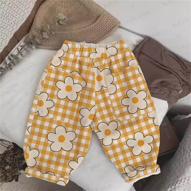 Baby Toddler Plaid Flower Yellow Cord Pants - Yellow - 5-7T - image 1