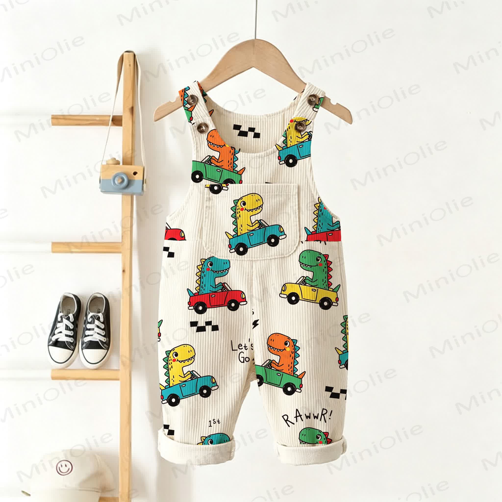 Baby Toddler Dino Car Print Beige Corduroy Pocket Overalls - Beige - 5-7T - image 1